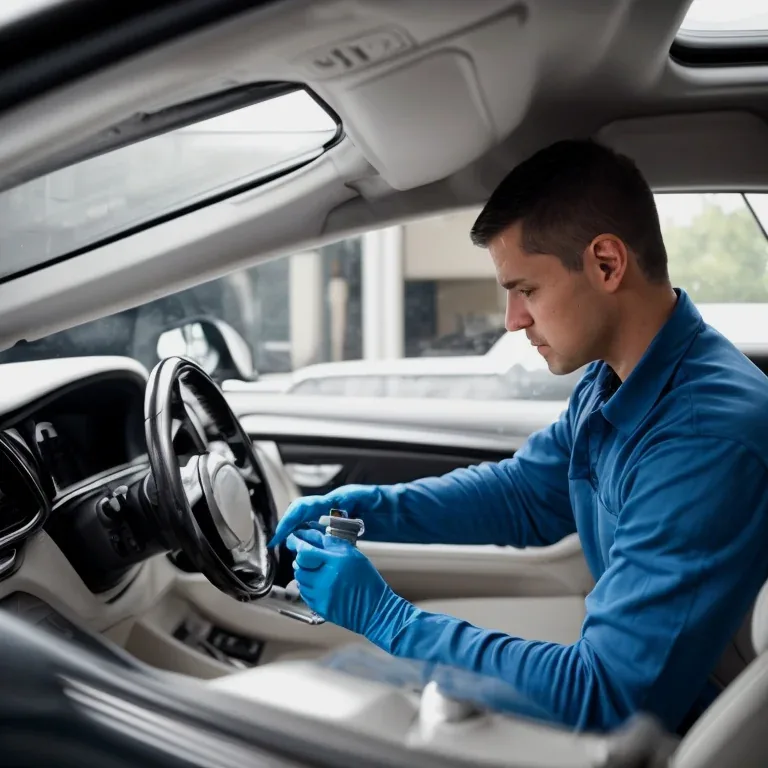 Equipo técnico aplicando detalles de limpieza y protección en auto